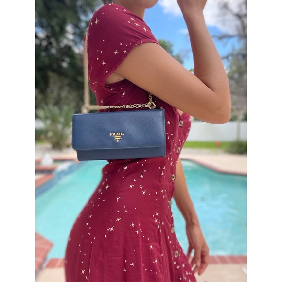Prada Handbags - Prada Saffiano Wallet on Chain in Blue/Gold Tone